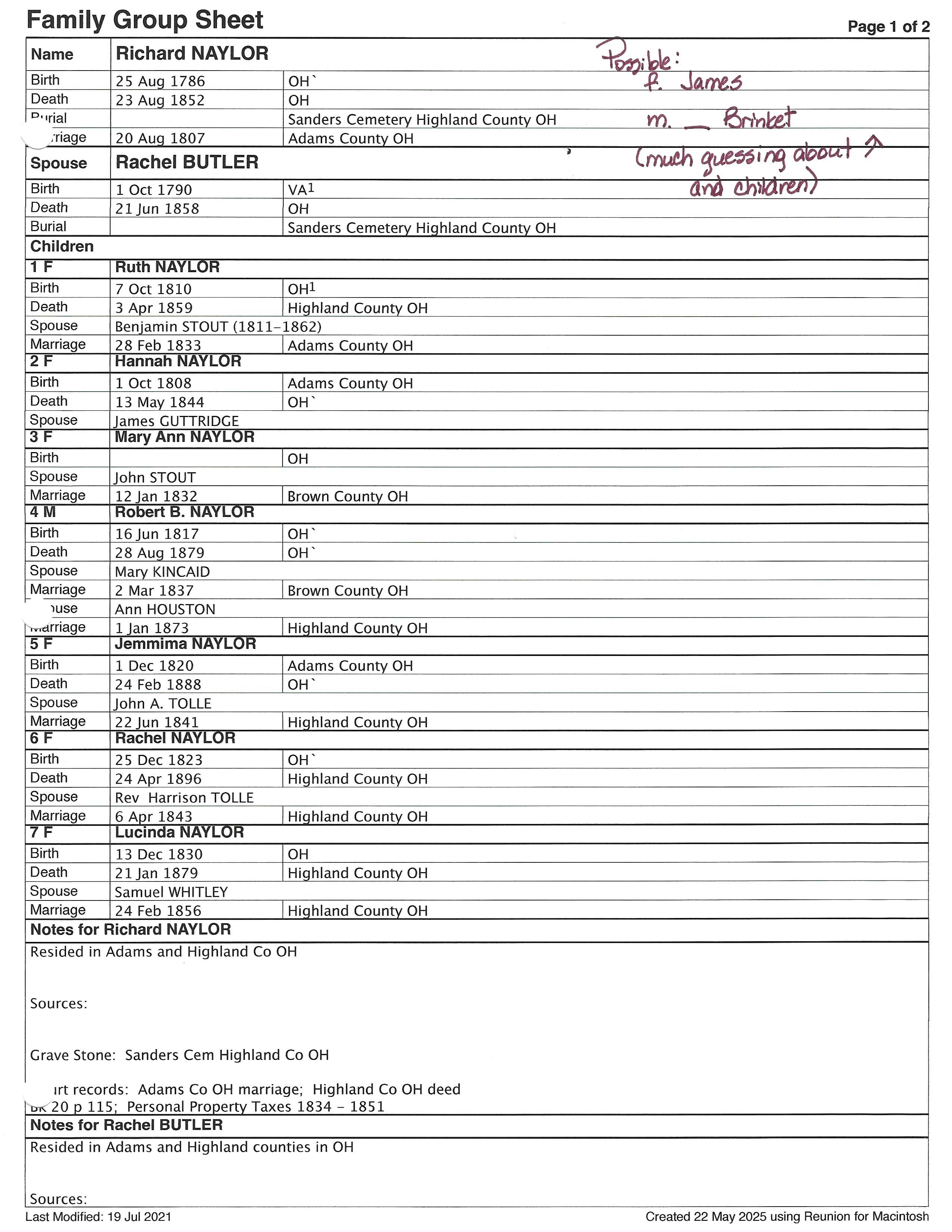 Naylor Family Group Sheet — page 1