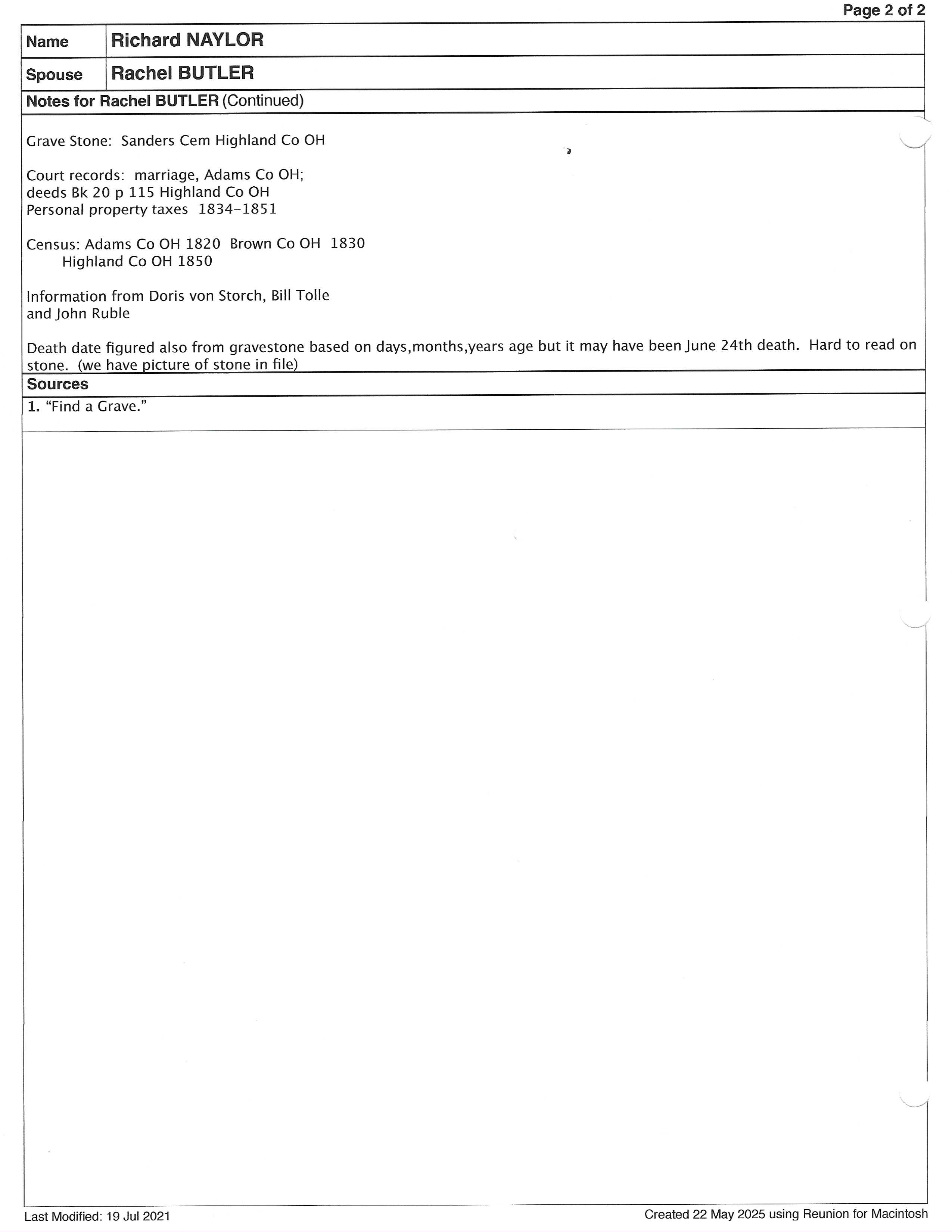 Naylor Family Group Sheet — page 2