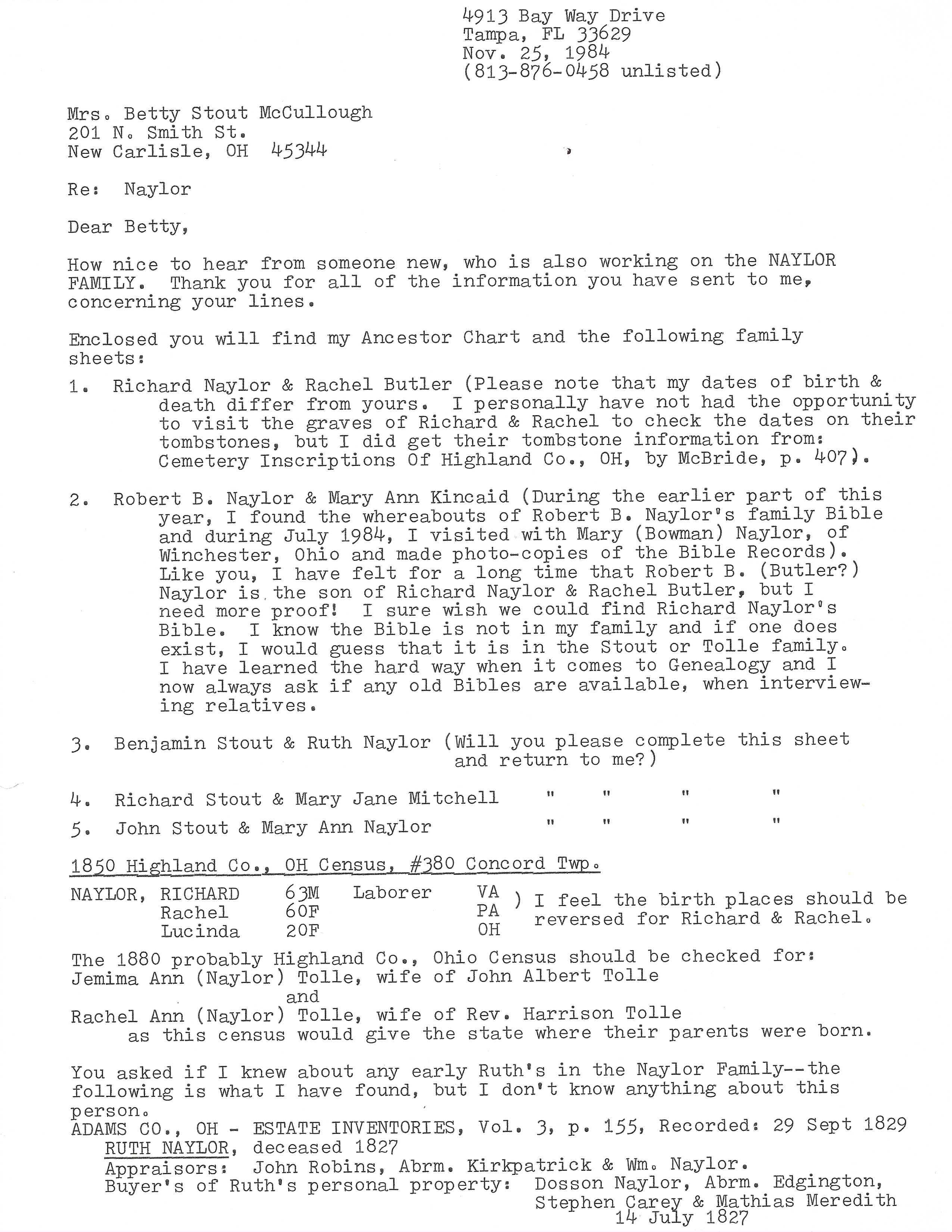 Naylor Family Research Notes (1984) ā page 1