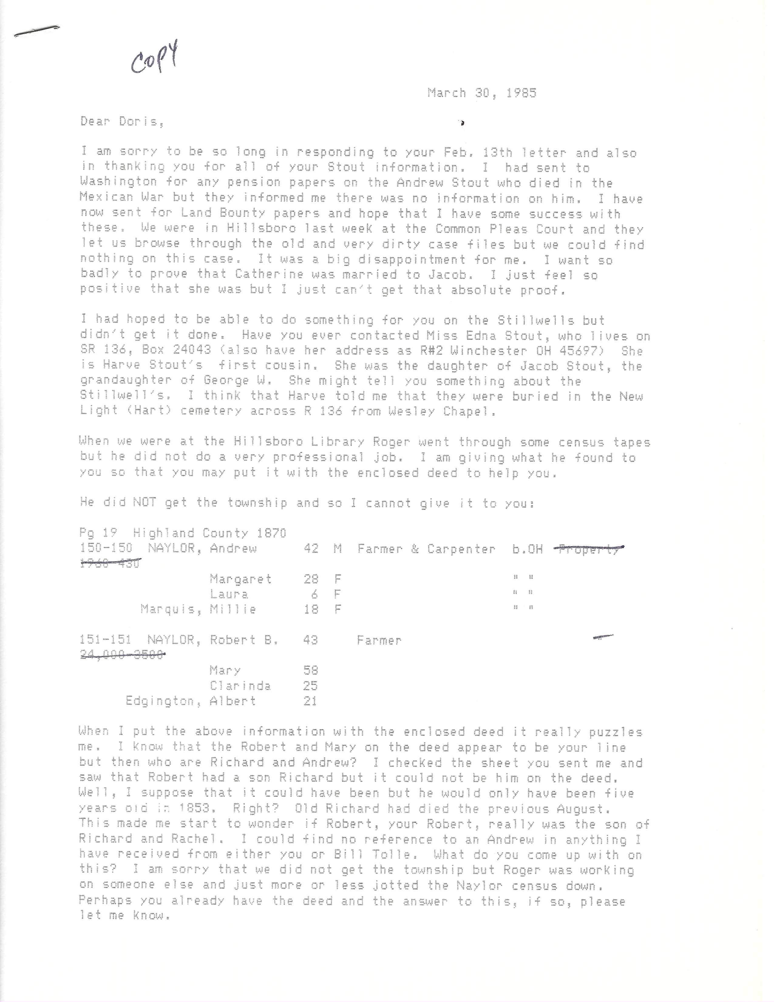 Stout Family Research Notes — page 1